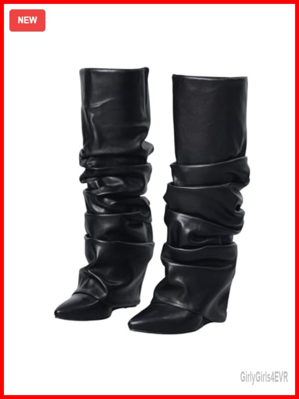 Slouched Ruched Fold Over Wide Calf Knee High Boots Pointed Toe Wedge Heel